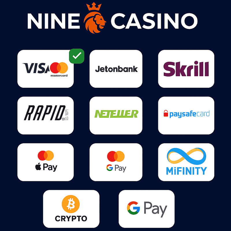 Logotipo do Nine Casino e ícones de métodos de pagamento